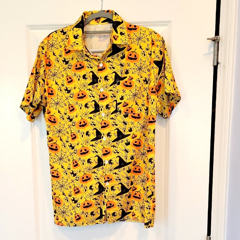 KYKU Men's Halloween Button Up Shirt Pumpkin Ghost Spider Witches Hat Medium